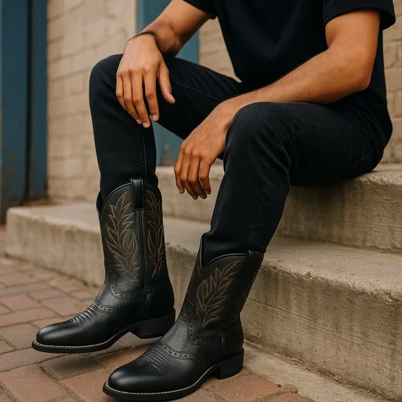 Brand New ARIAT Leather Cowboy Boots in Black Deertan Size 11
